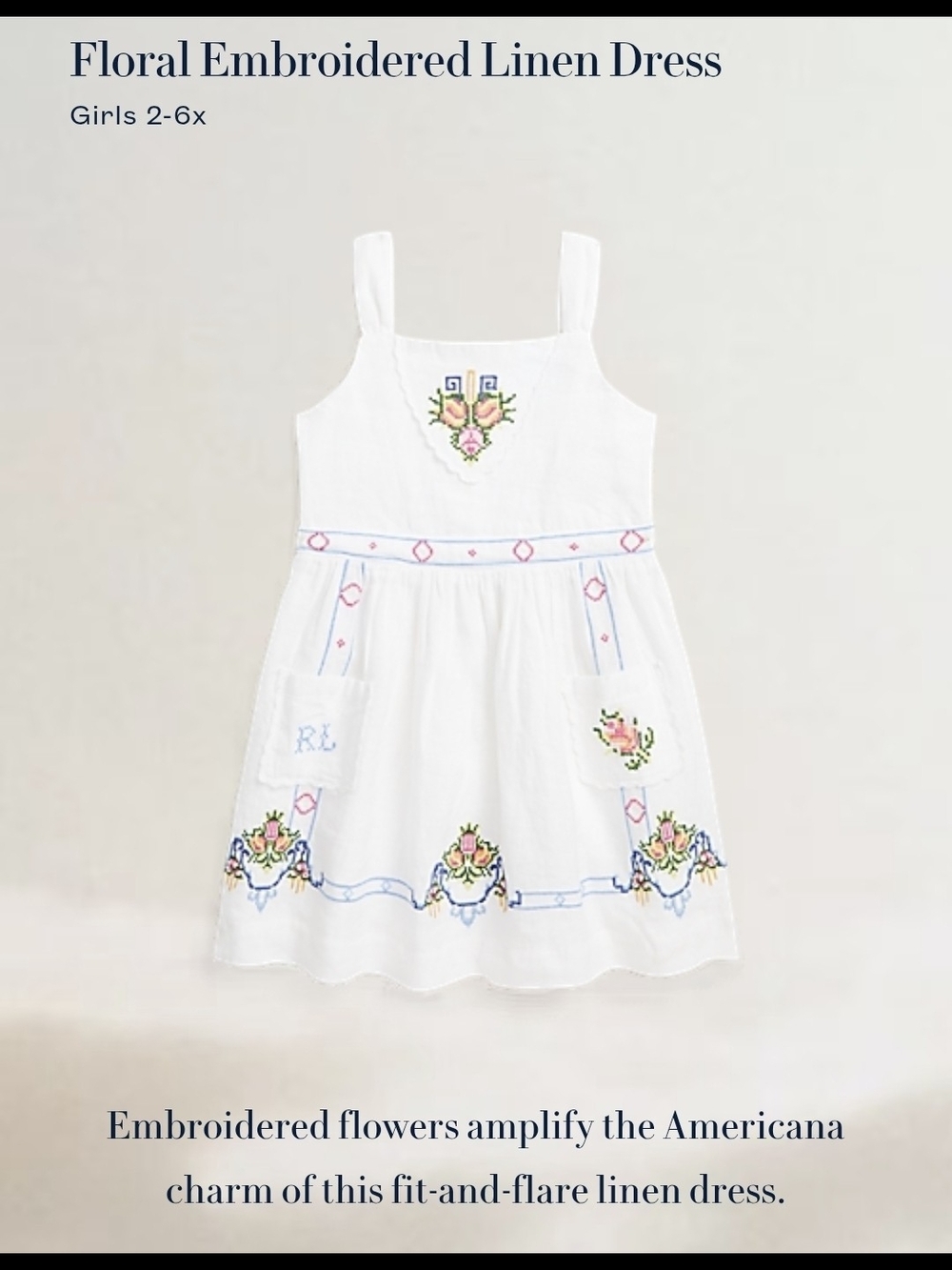 Ralph Lauren White Linen Dress with Multicolor Floral Embroidery Size 6 Girls